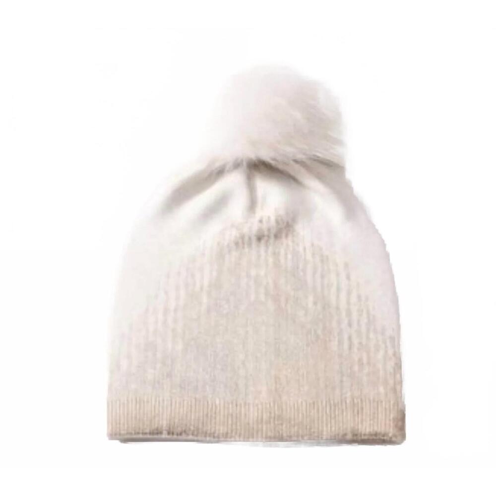 NEW PRENELOVE women's avery foil beanie with real fur pompom in white/gold